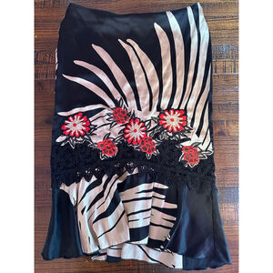 Vintage Women's Marciano Black Beige Zebra Red Floral Silk Blend Midi Skirt 4